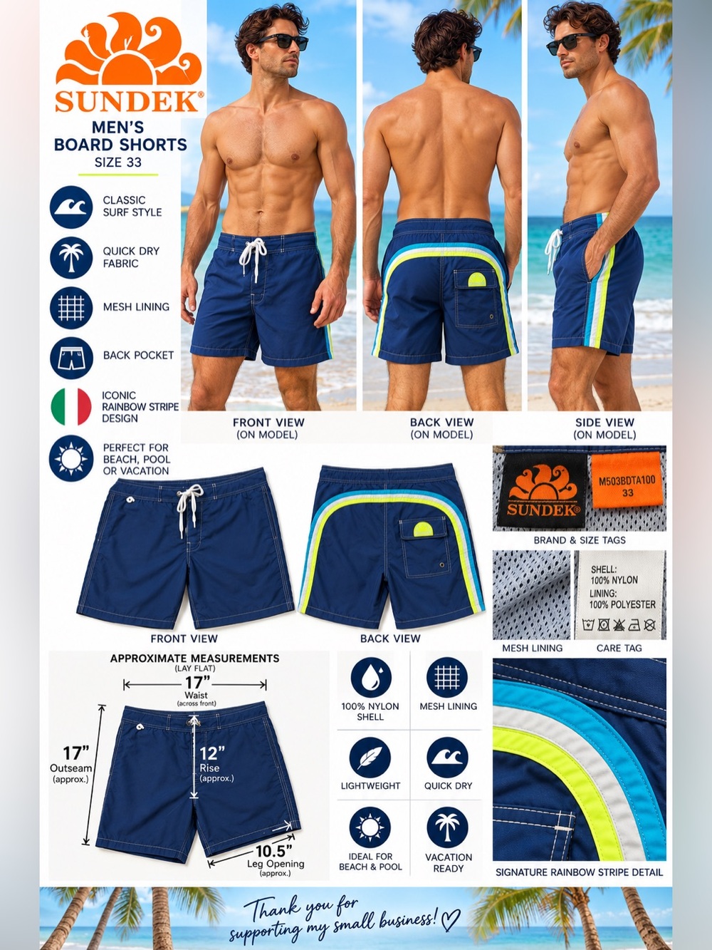 Sundek Men’s Board Shorts Size 33 Navy Rainbow Stripe Swim Trunks M503BDTA100